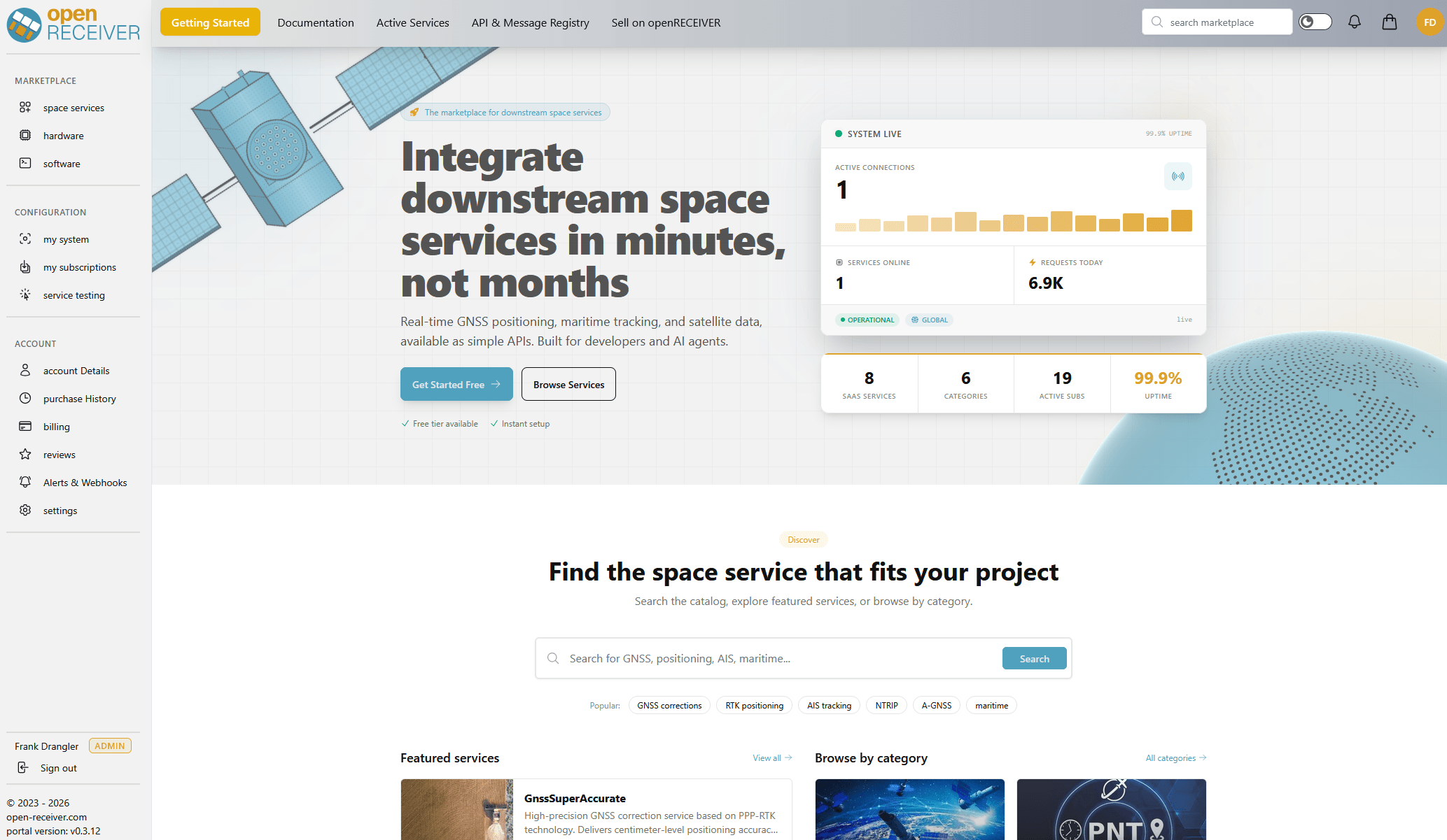 openRECEIVER portal - marketplace home with live usage dashboard